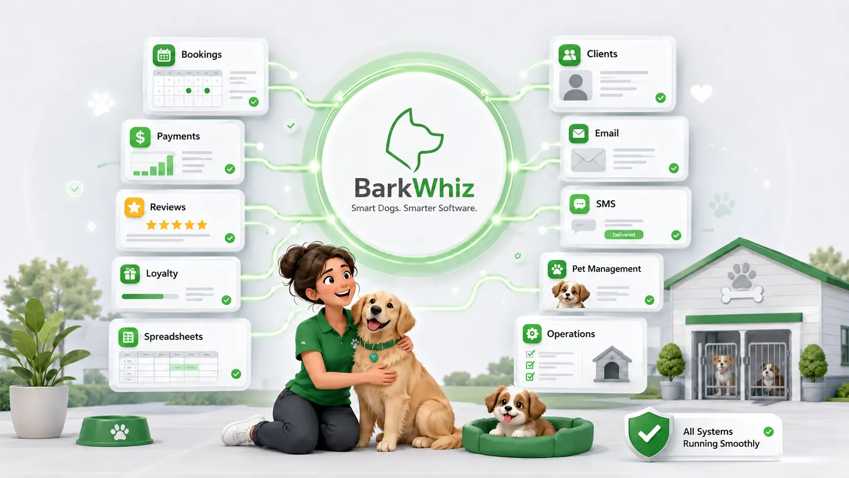 BarkWhiz brings bookings, clients, reviews, loyalty, payments, email and SMS into one connected system