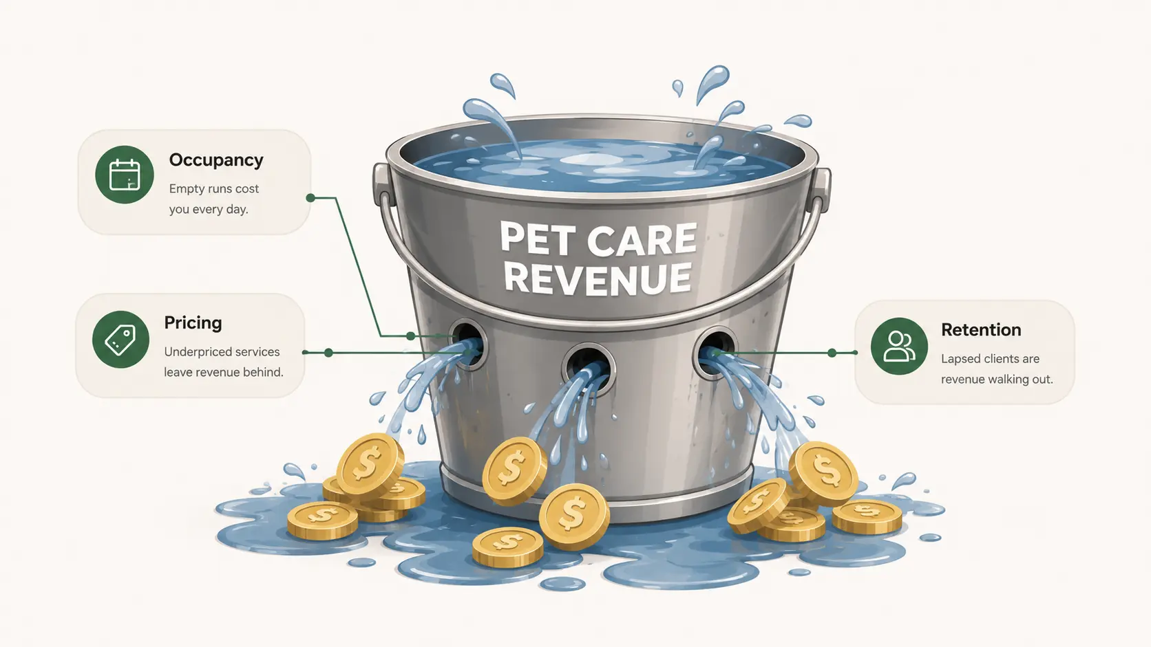 Illustration of a pet-care revenue bucket leaking money from occupancy, pricing, and retention holes