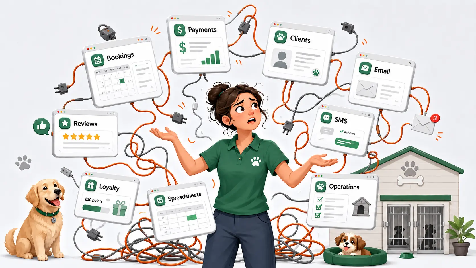 An overwhelmed pet-care facility owner in a BarkWhiz polo juggling a tangle of disconnected apps — bookings, payments, clients, email, SMS, reviews, loyalty, spreadsheets and operations — wired together with messy cables, dogs and a kennel nearby