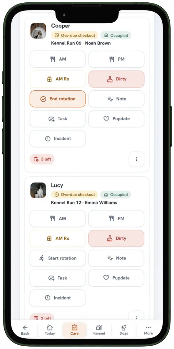 BarkWhiz mobile Care board for staff working the floor