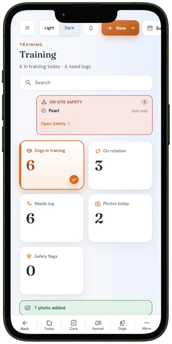BarkWhiz customer portal showing dog training program and skill progress