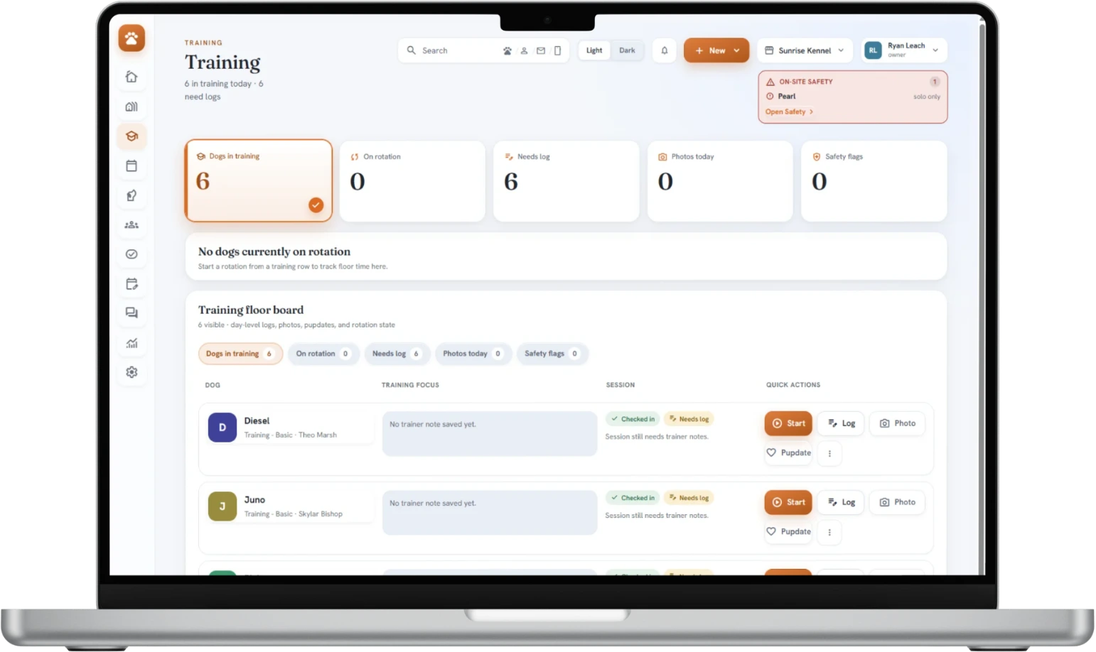 BarkWhiz training floor board: dogs in training, session logs, photos, and quick actions