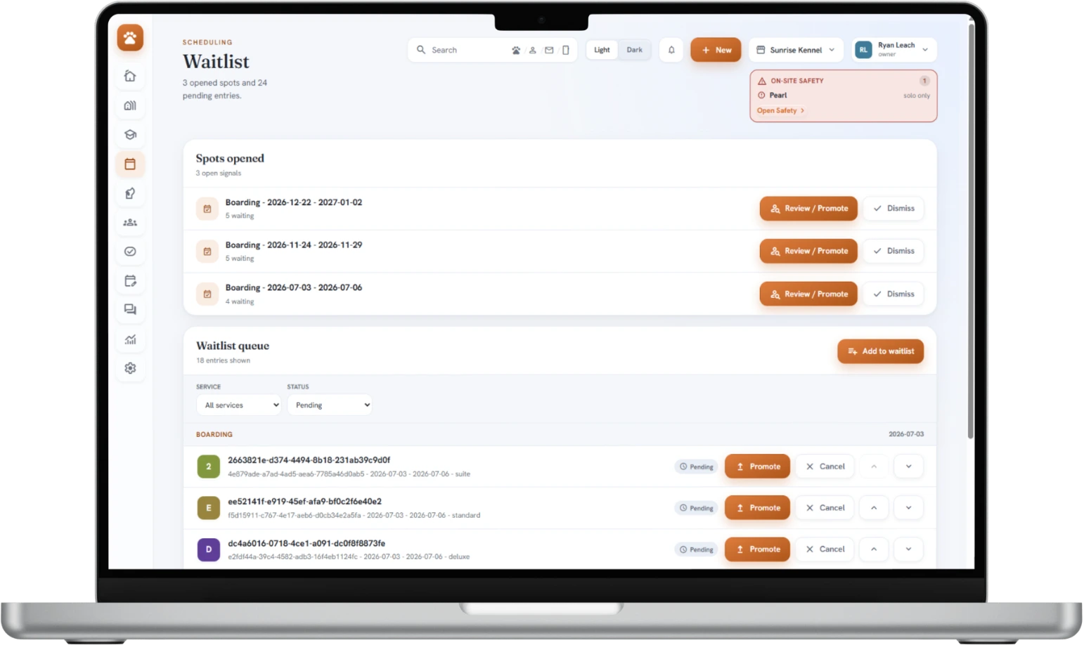 BarkWhiz Waitlist: opened spots and a pending queue, with Review and Promote on each entry