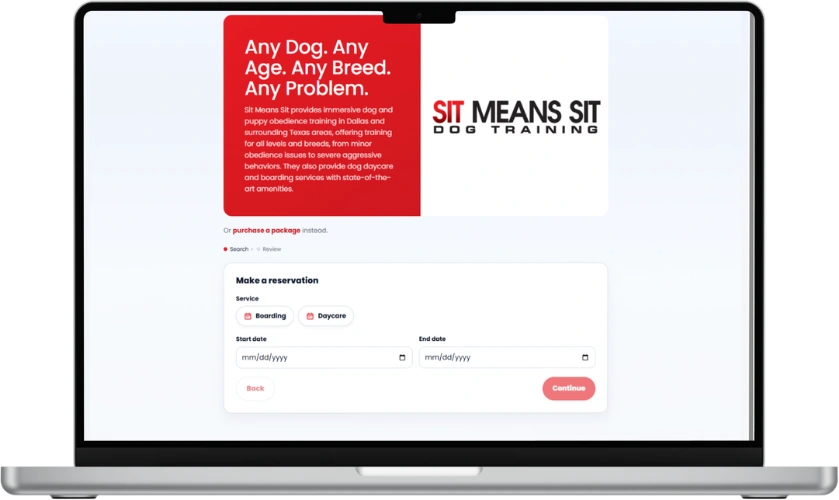 The same BarkWhiz booking page in Sit Means Sit Dallas's bold red branding