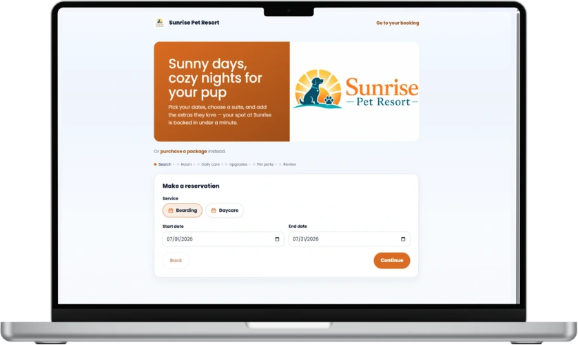 A BarkWhiz white-label booking page in the warm orange branding of Sunrise Pet Resort, a sample brand