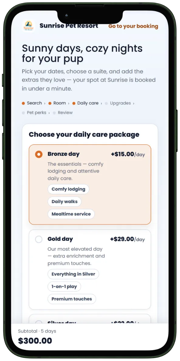 Client portal booking: choosing a daily care package priced per day