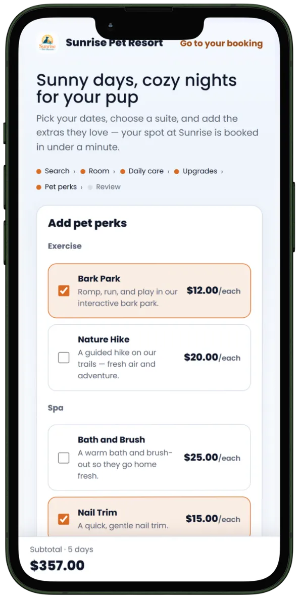 Client portal booking: adding pet perks like Bark Park, nature hikes, baths, and nail trims