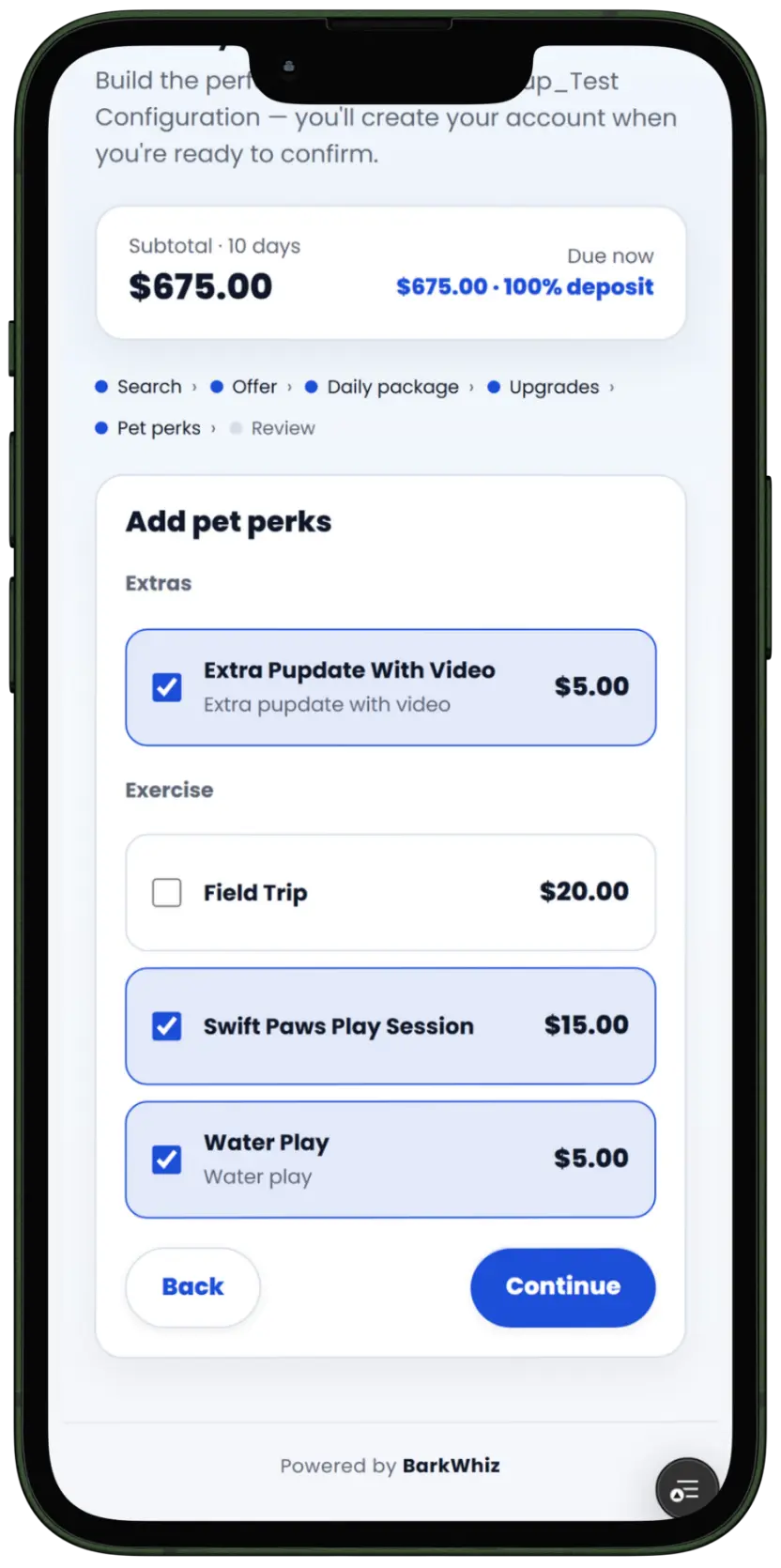 A BarkWhiz booking page where a client adds pet perks and extras to a stay