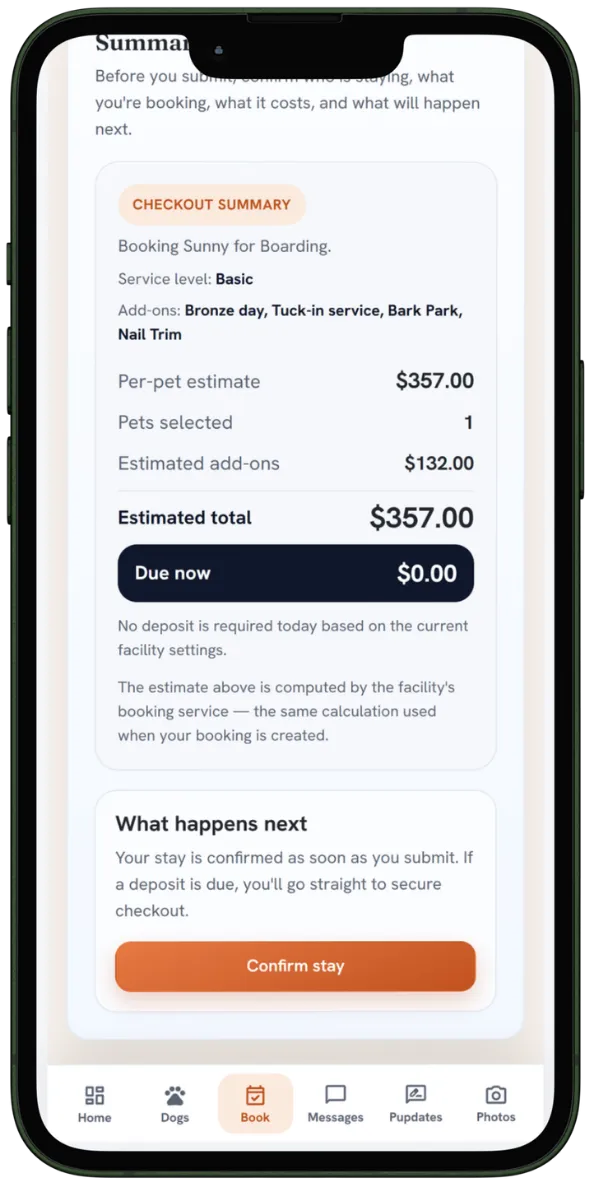 Client portal booking: a checkout summary showing service, add-ons, total, and amount due before confirming