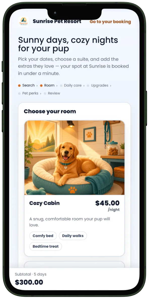 Client portal booking: choosing a room, each with its own nightly rate