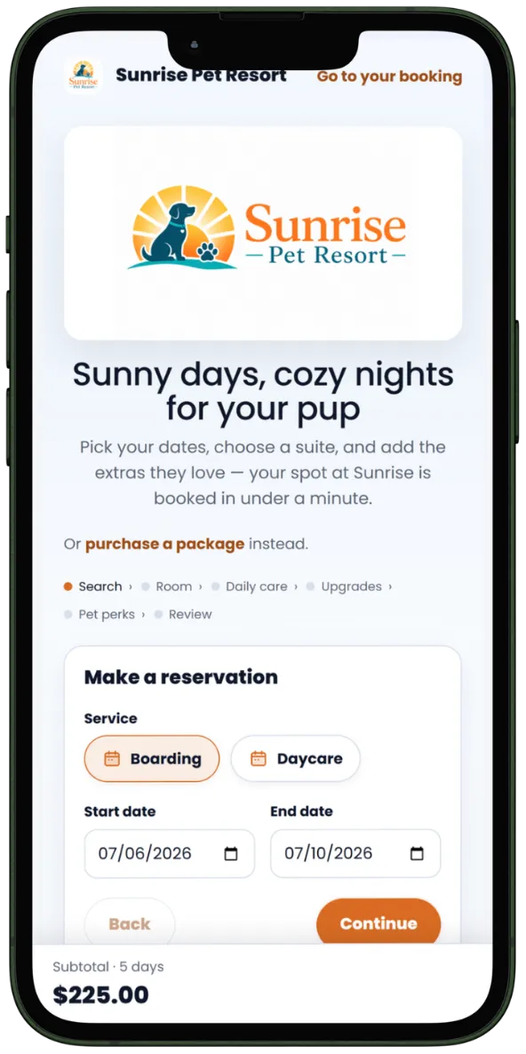 Client portal booking: a branded landing page where a pet parent picks a service and dates