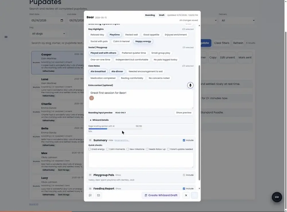 The AI drafting a pet-parent update in BarkWhiz for a team member to review and send
