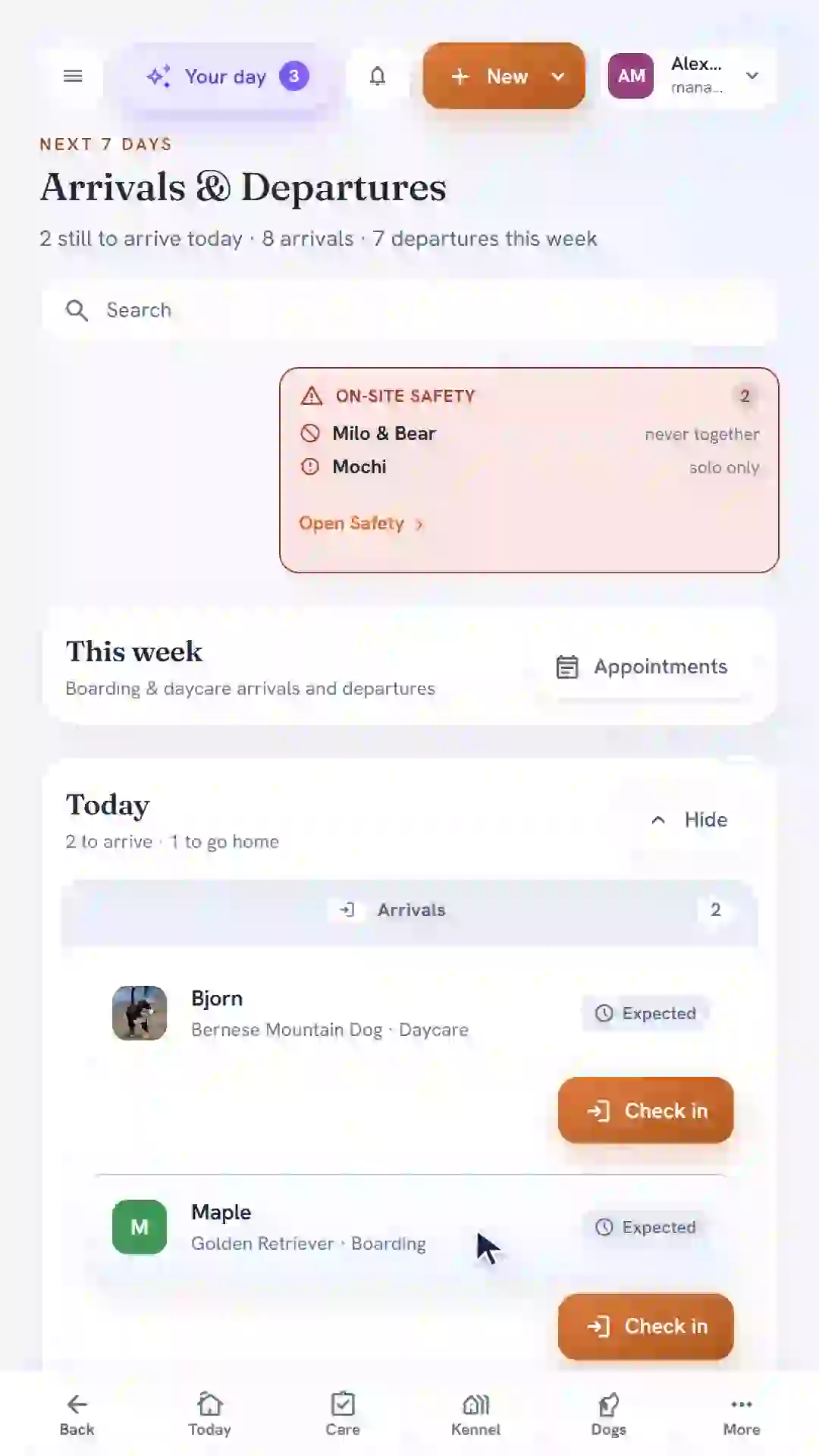 BarkWhiz reservation form with a demo boarding stay