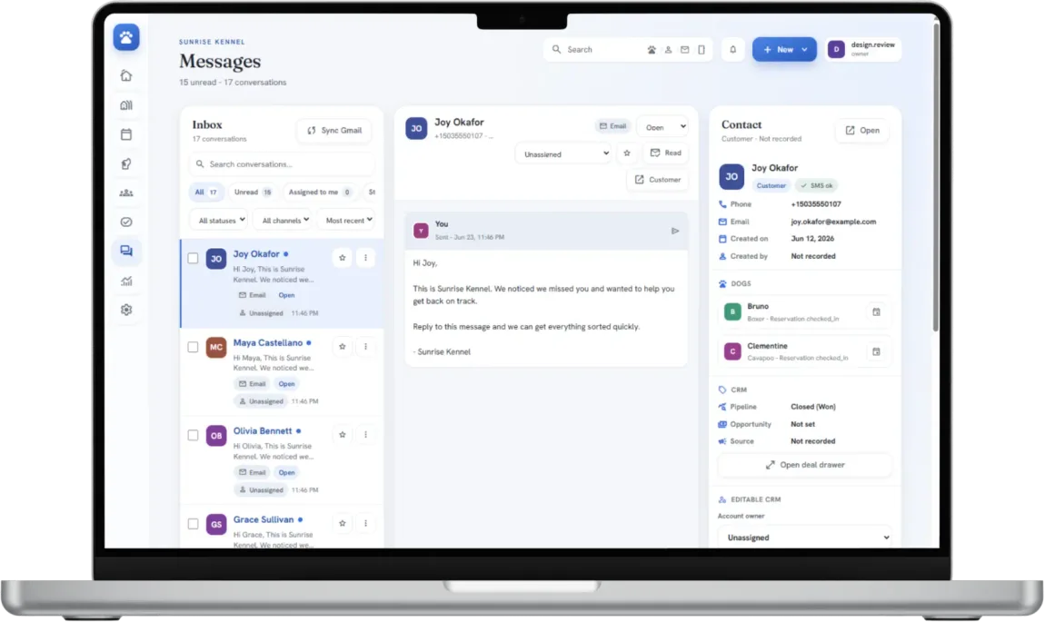 BarkWhiz Messages: an AI-drafted customer follow-up ready for staff to review and send