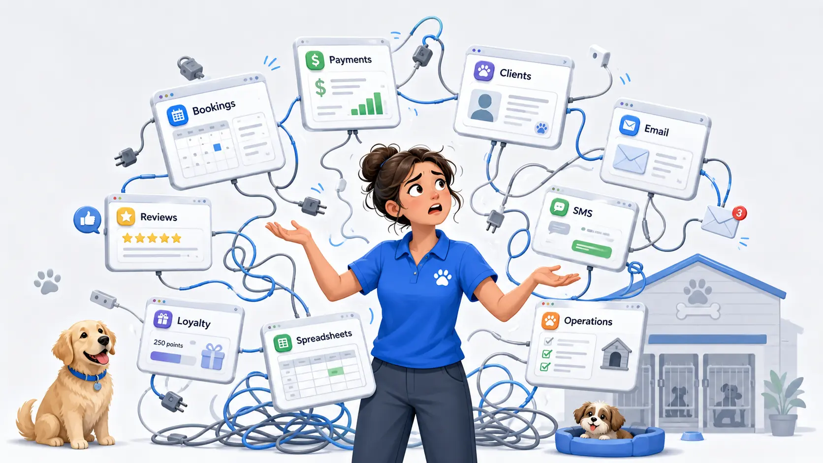An overwhelmed pet-care facility owner in a BarkWhiz polo juggling a tangle of disconnected apps — bookings, payments, clients, email, SMS, reviews, loyalty, spreadsheets and operations — wired together with messy cables, dogs and a kennel nearby