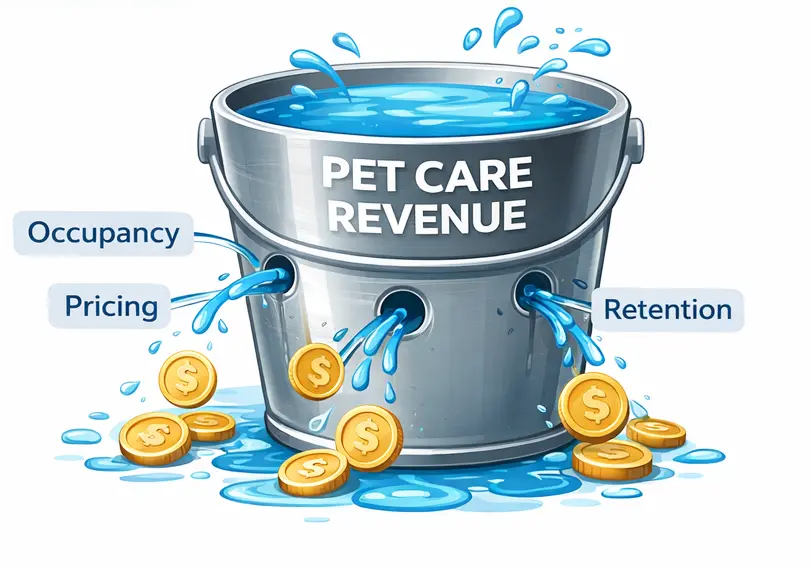 Illustration of a boarding revenue bucket leaking money from empty runs, lapsed clients, and pricing