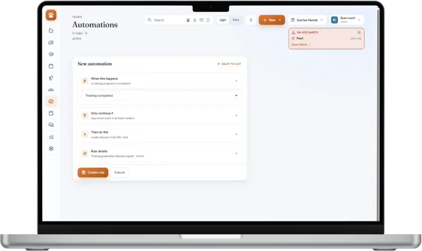 The BarkWhiz Automations builder: When a training program is completed, only if the dog's social score is at least medium, then create a daycare trial-offer task