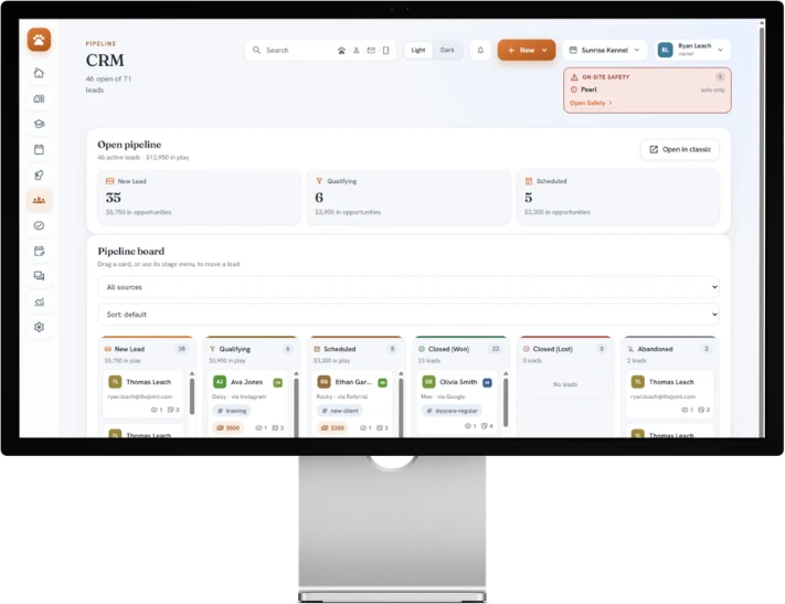 BarkWhiz CRM pipeline: leads and deals on a drag-and-drop board with stages