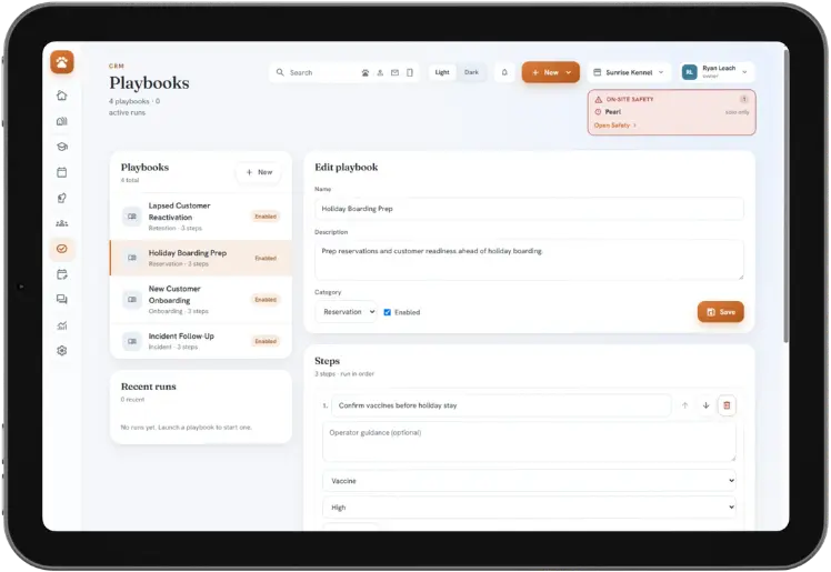 The BarkWhiz Playbooks builder: a facility editing its Holiday Boarding Prep playbook, with categorized playbooks on the left and ordered steps on the right