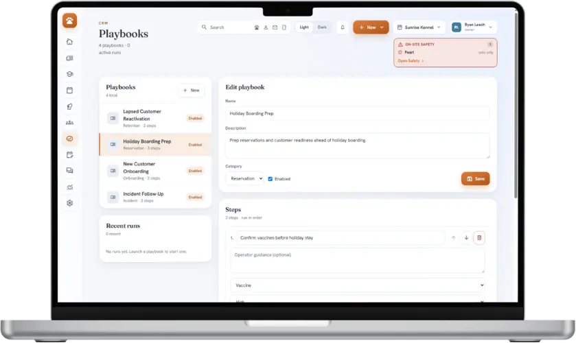The BarkWhiz Playbooks screen: a facility's own multi-step playbooks like Holiday Boarding Prep and Lapsed Customer Reactivation