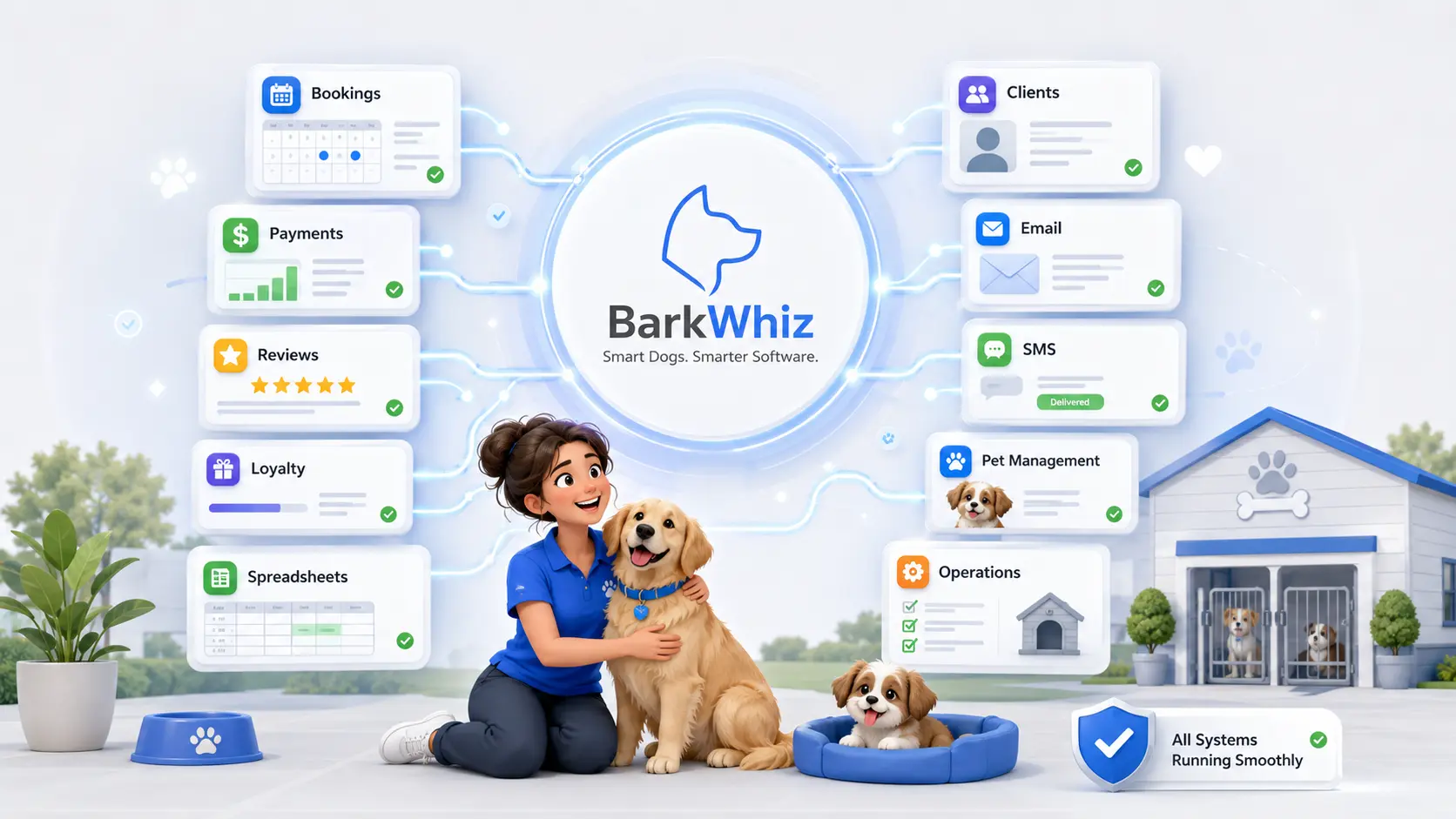 The same pet-care owner, now calm and happily with her dogs, while bookings, payments, clients, email, SMS, reviews, loyalty and operations sit orderly around one connected BarkWhiz hub — all systems running smoothly